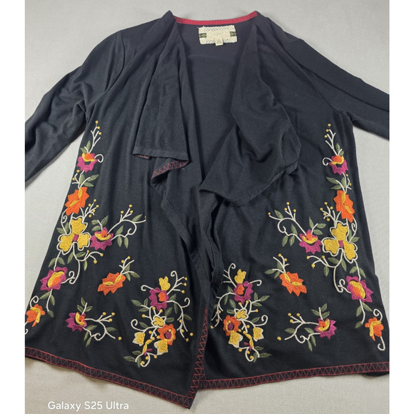 Cupio Open Front Cardigan Large Floral Embroidered Boho Lagenlook LIghtweight - Picture 1 of 6